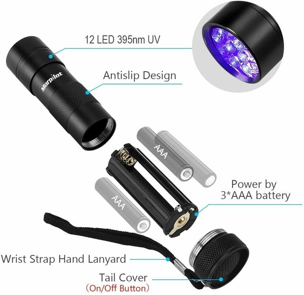 Mini lampe Torche 9 LED UV - 395 ~ 405 nm en aluminium (3 piles AAA)